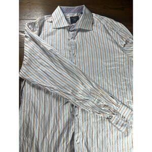 Johnny Fly Stripped White Orange Blue Long Sleeve Dress Shirt Sz XL 100% Cotton